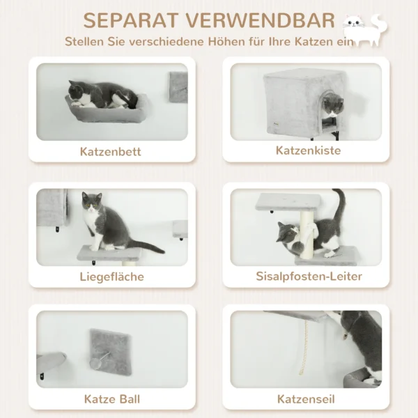Pwahut klimmuur kat 7 delig katten klimmuur set met kattenhuis, platform, krabpaal met hangende bal, pluche wandkrabpaal, kattenmeubels voor katten tot 5 kg, grijs 6