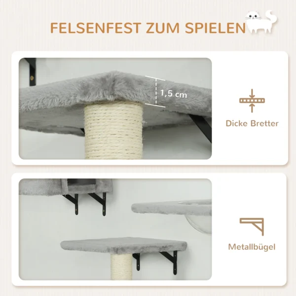 Pwahut klimmuur kat 7 delig katten klimmuur set met kattenhuis, platform, krabpaal met hangende bal, pluche wandkrabpaal, kattenmeubels voor katten tot 5 kg, grijs 7