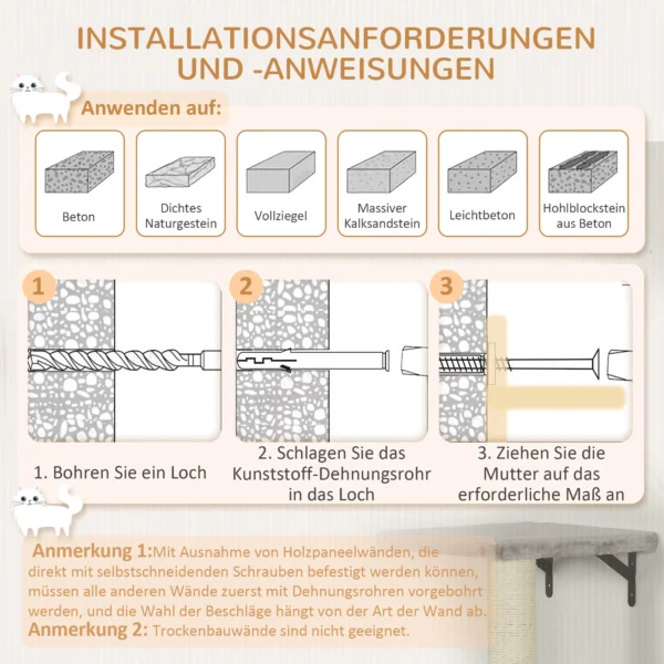 Pwahut klimmuur kat 7 delig katten klimmuur set met kattenhuis, platform, krabpaal met hangende bal, pluche wandkrabpaal, kattenmeubels voor katten tot 5 kg, grijs 9