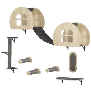 Pwahut klimmuur kat 7 delig katten klimmuur set met sisalpaal ladder, platform, krabpaal met krabplank, hol, kattenmeubels voor katten tot 5 kg, grijs+eik 1