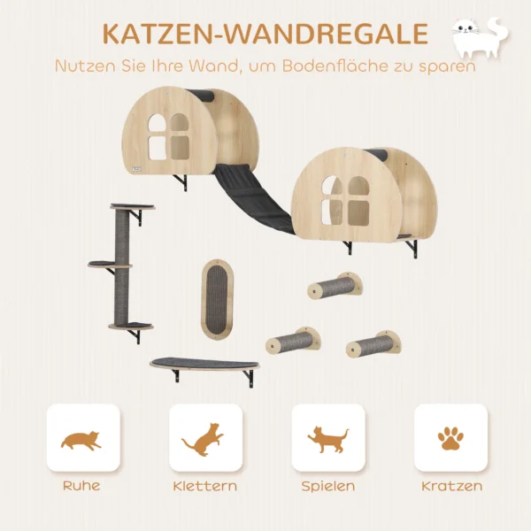 Pwahut klimmuur kat 7 delig katten klimmuur set met sisalpaal ladder, platform, krabpaal met krabplank, hol, kattenmeubels voor katten tot 5 kg, grijs+eik 5