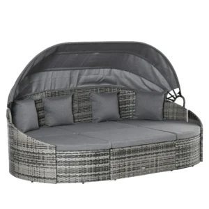 Rattan zonne eiland 4 delig met zonnedak en zitgroep, 4 kussens, metaal grijs, 230 x 145 x 80 cm voor tuin & terras 1