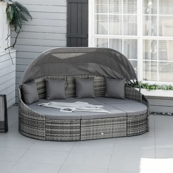 Rattan zonne eiland 4 delig met zonnedak en zitgroep, 4 kussens, metaal grijs, 230 x 145 x 80 cm voor tuin & terras 2