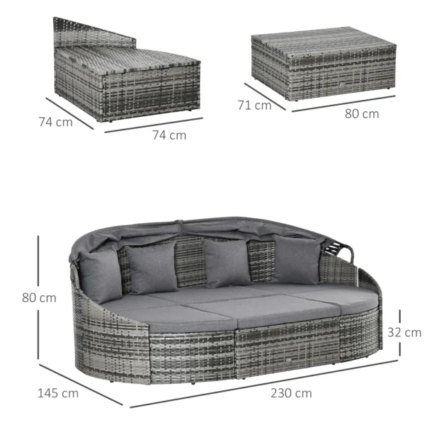 Rattan zonne eiland 4 delig met zonnedak en zitgroep, 4 kussens, metaal grijs, 230 x 145 x 80 cm voor tuin & terras 4