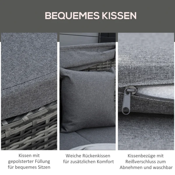 Rattan zonne eiland 4 delig met zonnedak en zitgroep, 4 kussens, metaal grijs, 230 x 145 x 80 cm voor tuin & terras 5