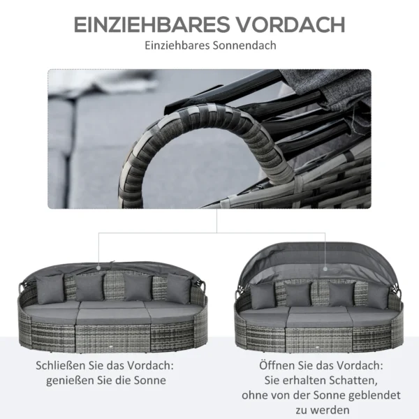 Rattan zonne eiland 4 delig met zonnedak en zitgroep, 4 kussens, metaal grijs, 230 x 145 x 80 cm voor tuin & terras 6