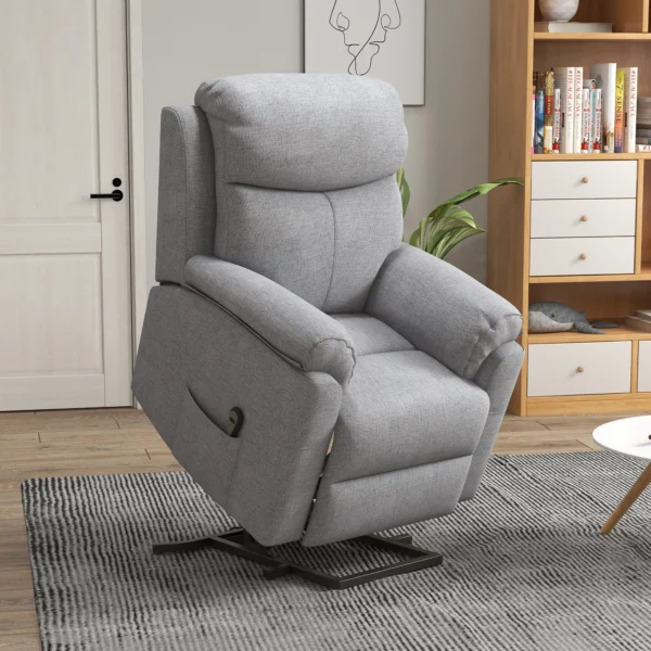 Relaxstoel elektrisch tv stoel met opsta hulp, 5 massagestanden, ligfunctie, massagestoel met voetsteun, linnenlook, zijvak en afstandsbediening, voor woonkamer, grijs 2