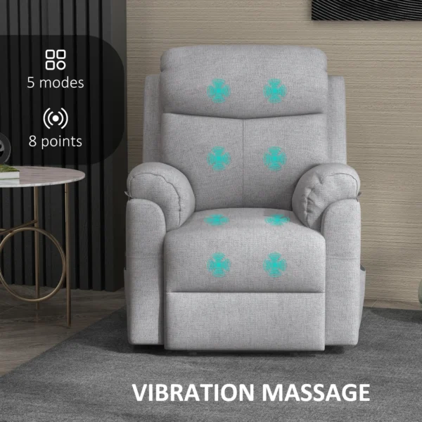 Relaxstoel elektrisch tv stoel met opsta hulp, 5 massagestanden, ligfunctie, massagestoel met voetsteun, linnenlook, zijvak en afstandsbediening, voor woonkamer, grijs 5