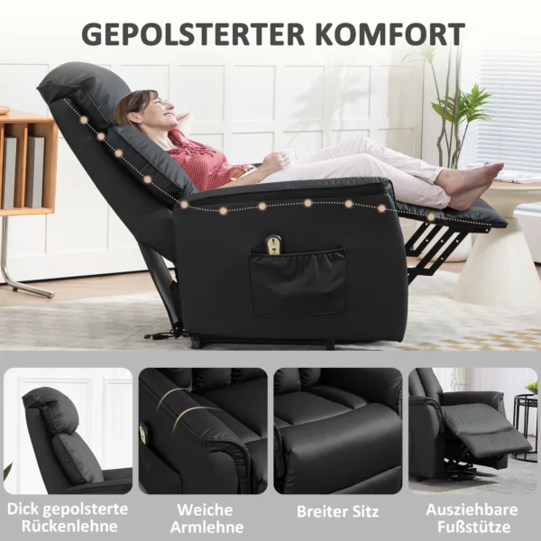 Relaxstoel elektrisch tv stoel met opsta hulp, ligfunctie, massagestoel met voetsteun, zijvak, afstandsbediening, voor woonkamer, tot 150 kg, kunstleer, zwart 5