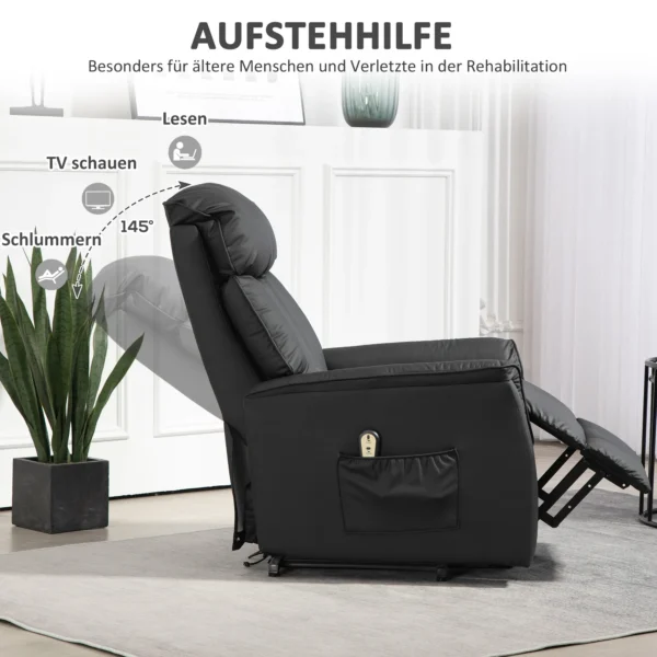 Relaxstoel elektrisch tv stoel met opsta hulp, ligfunctie, massagestoel met voetsteun, zijvak, afstandsbediening, voor woonkamer, tot 150 kg, kunstleer, zwart 7