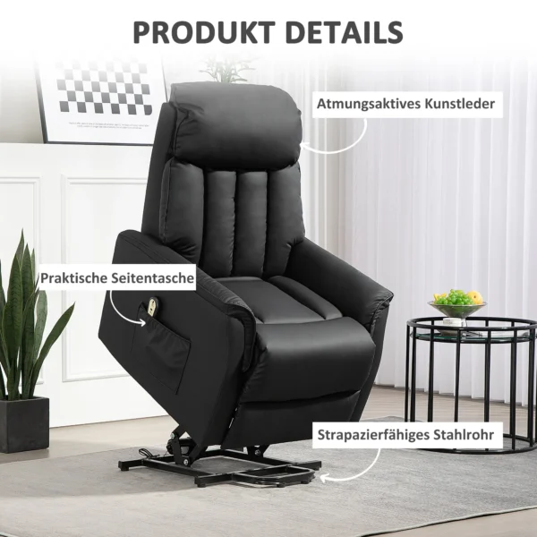 Relaxstoel elektrisch tv stoel met opsta hulp, ligfunctie, massagestoel met voetsteun, zijvak, afstandsbediening, voor woonkamer, tot 150 kg, kunstleer, zwart 8