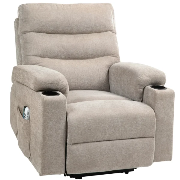 Relaxstoel elektrisch tv stoel met opsta hulp, vibratiemassage, ligfunctie, massagestoel met voetsteun, 2 motoren, lendenwarmte, timer, zijtas, bekerhouder lichtbruin 1