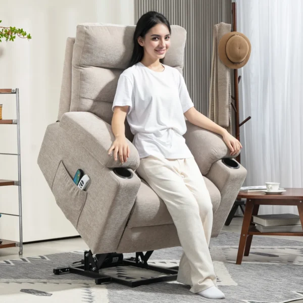 Relaxstoel elektrisch tv stoel met opsta hulp, vibratiemassage, ligfunctie, massagestoel met voetsteun, 2 motoren, lendenwarmte, timer, zijtas, bekerhouder lichtbruin 2