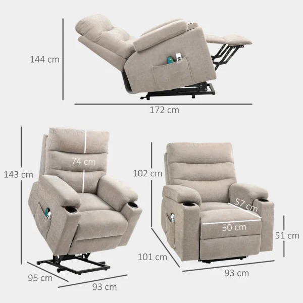 Relaxstoel elektrisch tv stoel met opsta hulp, vibratiemassage, ligfunctie, massagestoel met voetsteun, 2 motoren, lendenwarmte, timer, zijtas, bekerhouder lichtbruin 4