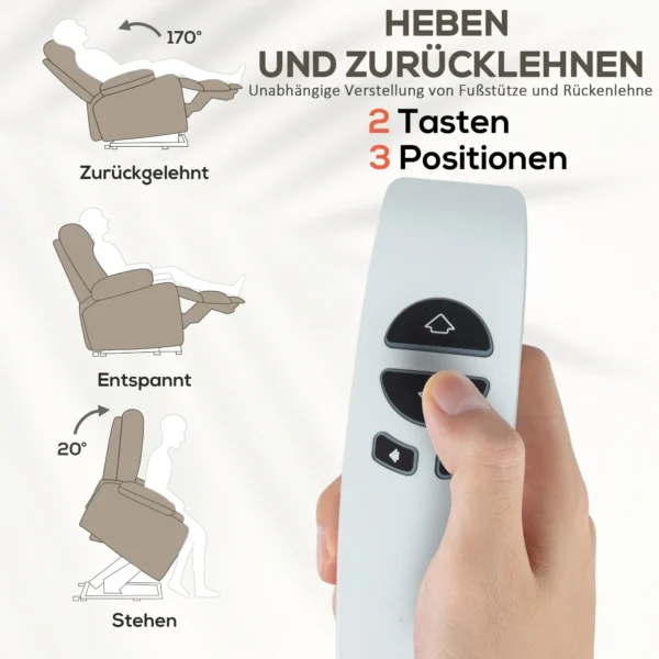 Relaxstoel elektrisch tv stoel met opsta hulp, vibratiemassage, ligfunctie, massagestoel met voetsteun, 2 motoren, lendenwarmte, timer, zijtas, bekerhouder lichtbruin 5