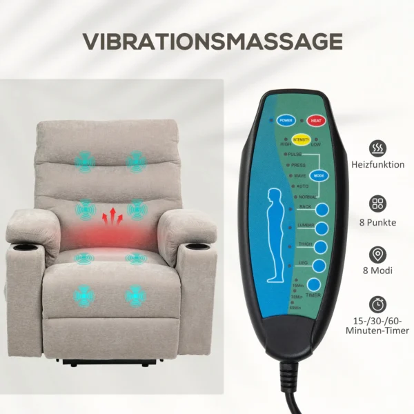 Relaxstoel elektrisch tv stoel met opsta hulp, vibratiemassage, ligfunctie, massagestoel met voetsteun, 2 motoren, lendenwarmte, timer, zijtas, bekerhouder lichtbruin 6