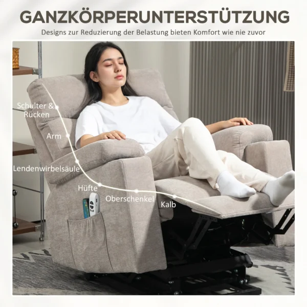Relaxstoel elektrisch tv stoel met opsta hulp, vibratiemassage, ligfunctie, massagestoel met voetsteun, 2 motoren, lendenwarmte, timer, zijtas, bekerhouder lichtbruin 9