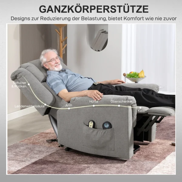 Relaxstoel elektrisch verstelbare tv stoel massagestoel met opsta hulp verwarming ligfunctie, brede rugleuning tv stoel met voetsteun, 2 zijzakken voor woonkamer donkergrijs 9