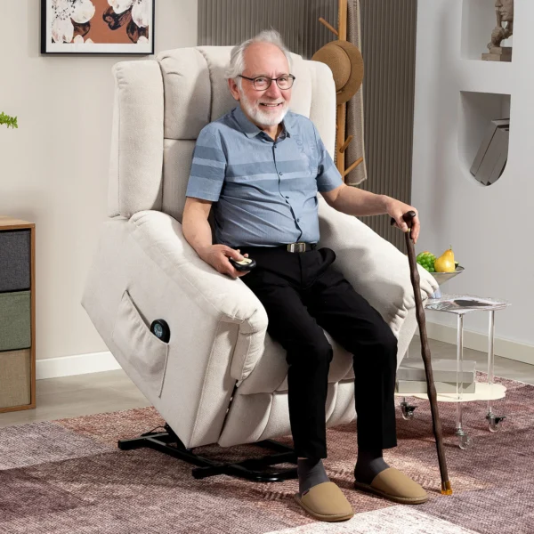 Relaxstoel elektrisch verstelbare tv stoel met massagefunctie, opsta hulp, verwarming, ligfunctie, brede rugleuning, voetensteun, 2 zijvakken voor woonkamer beige 2