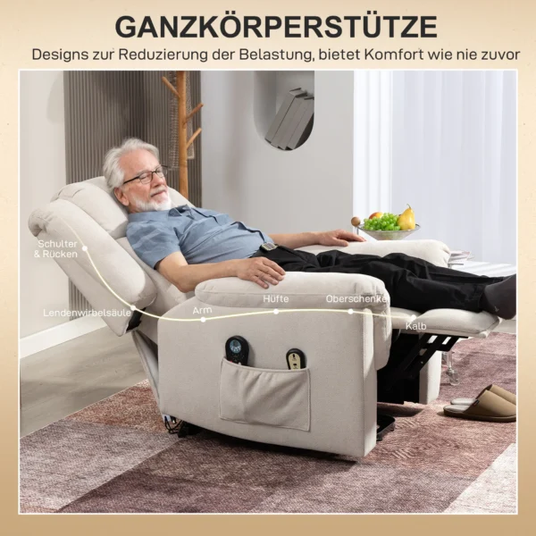 Relaxstoel elektrisch verstelbare tv stoel met massagefunctie, opsta hulp, verwarming, ligfunctie, brede rugleuning, voetensteun, 2 zijvakken voor woonkamer beige 8