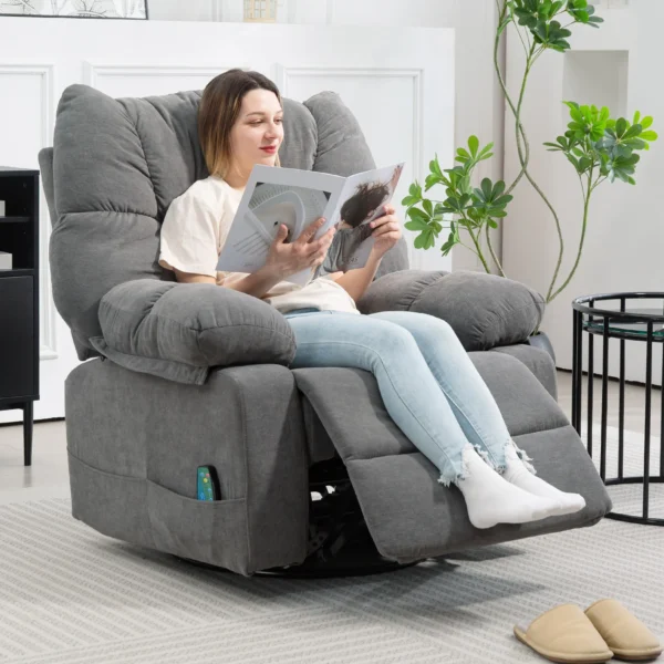 Relaxstoel massagestoel tv stoel met ligfunctie, verwarmingsfunctie, schommelfunctie, draaibare tv stoel met voetsteun, zijtas afstandsbediening voor woonkamer, donkergrijs 2