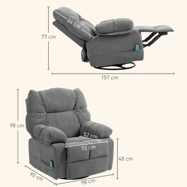 Relaxstoel massagestoel tv stoel met ligfunctie, verwarmingsfunctie, schommelfunctie, draaibare tv stoel met voetsteun, zijtas afstandsbediening voor woonkamer, donkergrijs 4