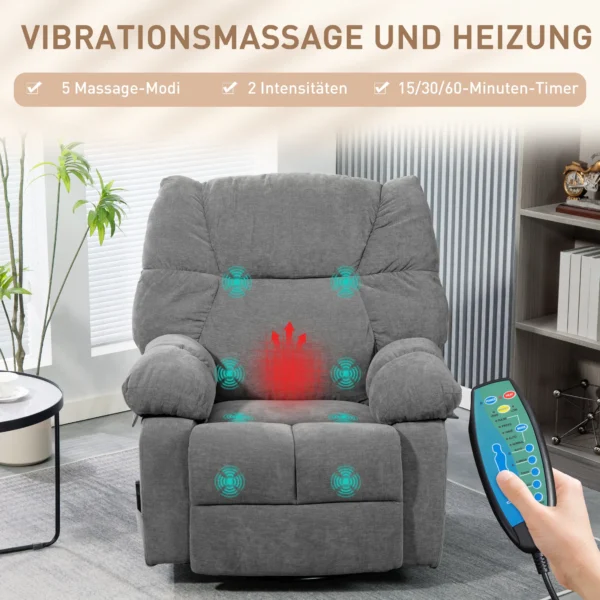 Relaxstoel massagestoel tv stoel met ligfunctie, verwarmingsfunctie, schommelfunctie, draaibare tv stoel met voetsteun, zijtas afstandsbediening voor woonkamer, donkergrijs 5