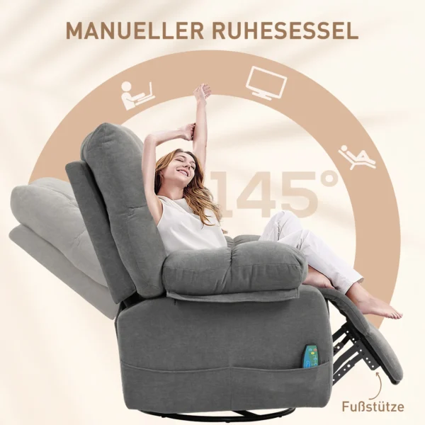 Relaxstoel massagestoel tv stoel met ligfunctie, verwarmingsfunctie, schommelfunctie, draaibare tv stoel met voetsteun, zijtas afstandsbediening voor woonkamer, donkergrijs 6