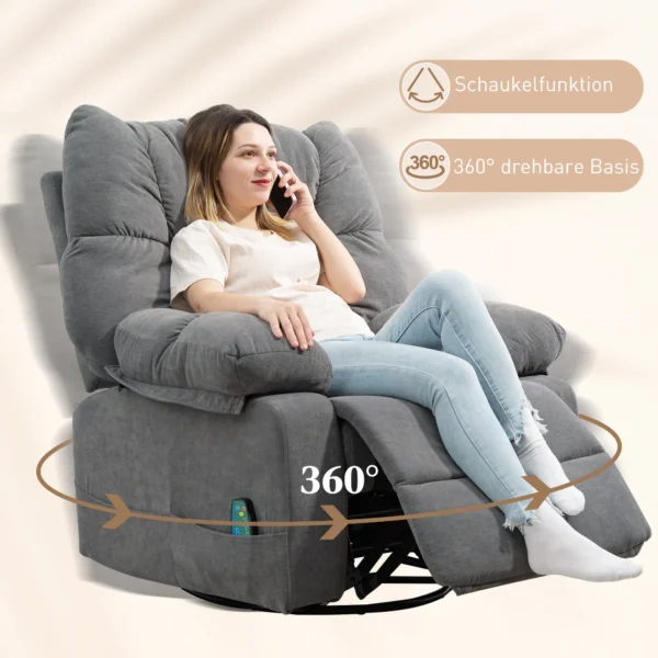 Relaxstoel massagestoel tv stoel met ligfunctie, verwarmingsfunctie, schommelfunctie, draaibare tv stoel met voetsteun, zijtas afstandsbediening voor woonkamer, donkergrijs 7