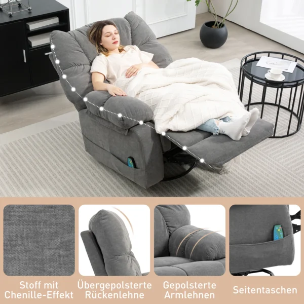 Relaxstoel massagestoel tv stoel met ligfunctie, verwarmingsfunctie, schommelfunctie, draaibare tv stoel met voetsteun, zijtas afstandsbediening voor woonkamer, donkergrijs 9