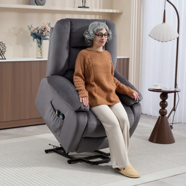 Relaxstoel met elektrische opsta hulp, tv stoel met vibratiemassage, ligfunctie, massagestoel met verwarming, voetgedeelte, zijvak, timer, donkergrijs 2