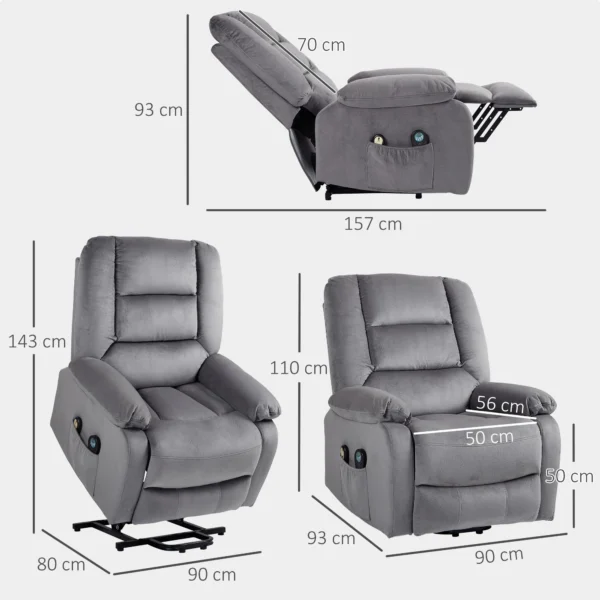 Relaxstoel met elektrische opsta hulp, tv stoel met vibratiemassage, ligfunctie, massagestoel met verwarming, voetgedeelte, zijvak, timer, donkergrijs 4