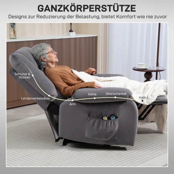Relaxstoel met elektrische opsta hulp, tv stoel met vibratiemassage, ligfunctie, massagestoel met verwarming, voetgedeelte, zijvak, timer, donkergrijs 9