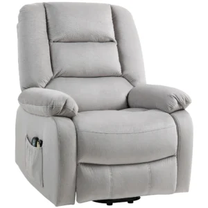 Relaxstoel met elektrische opsta hulp, tv stoel met vibratiemassage, ligfunctie, massagestoel met warmte, voetgedeelte, zijvak, timer, lichtgrijs 1