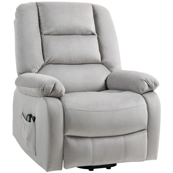 Relaxstoel met elektrische opsta hulp, tv stoel met vibratiemassage, ligfunctie, massagestoel met warmte, voetgedeelte, zijvak, timer, lichtgrijs 1
