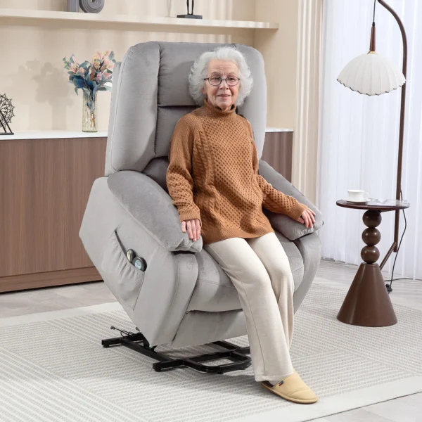 Relaxstoel met elektrische opsta hulp, tv stoel met vibratiemassage, ligfunctie, massagestoel met warmte, voetgedeelte, zijvak, timer, lichtgrijs 2