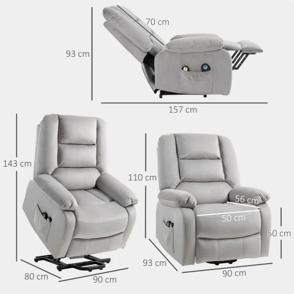 Relaxstoel met elektrische opsta hulp, tv stoel met vibratiemassage, ligfunctie, massagestoel met warmte, voetgedeelte, zijvak, timer, lichtgrijs 4