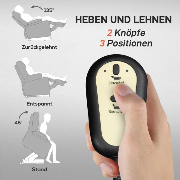 Relaxstoel met elektrische opsta hulp, tv stoel met vibratiemassage, ligfunctie, massagestoel met warmte, voetgedeelte, zijvak, timer, lichtgrijs 5
