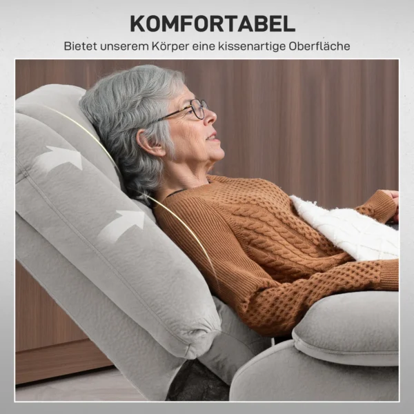 Relaxstoel met elektrische opsta hulp, tv stoel met vibratiemassage, ligfunctie, massagestoel met warmte, voetgedeelte, zijvak, timer, lichtgrijs 8
