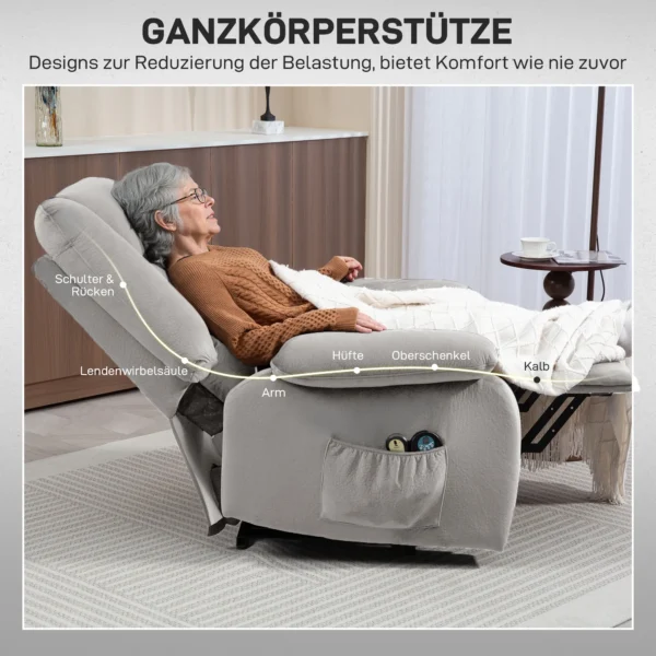 Relaxstoel met elektrische opsta hulp, tv stoel met vibratiemassage, ligfunctie, massagestoel met warmte, voetgedeelte, zijvak, timer, lichtgrijs 9