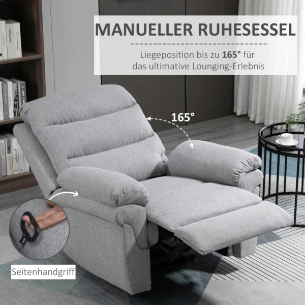 Relaxstoel met ligfunctie, 165° kantelbaar, inklapbare voetensteun, linnen touch, ruststoel, televisiestoel, 91 x 92 x 102 cm, lichtgrijs 5