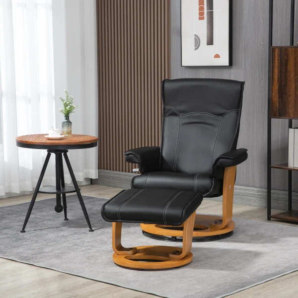 Relaxstoel met ligfunctie tv stoel ligstoel draaibaar tot 150 kg, kunstleer zwart, inclusief ottomaanse voor optimaal comfort 2