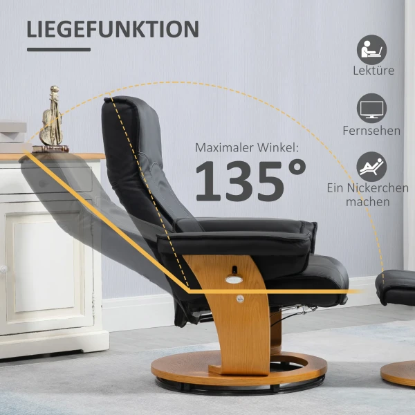 Relaxstoel met ligfunctie tv stoel ligstoel draaibaar tot 150 kg, kunstleer zwart, inclusief ottomaanse voor optimaal comfort 5