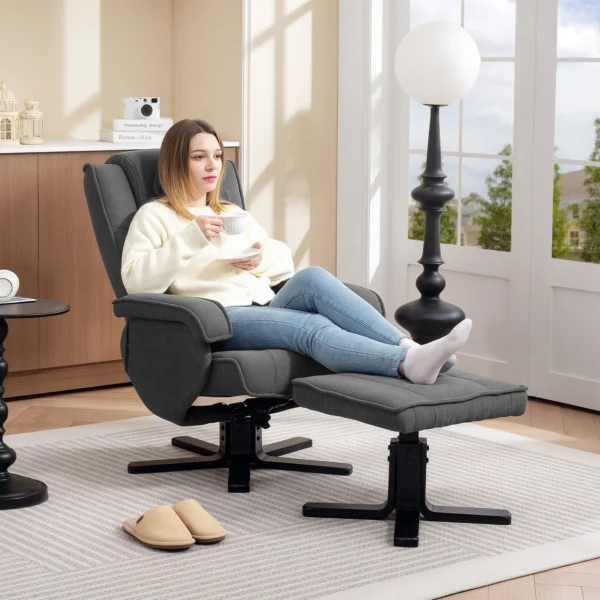 Relaxstoel met voetenbank, 360° draaibare televisiestoel met verstelbare rugleuning, ligfunctie, schommelfunctie, tv stoel met fluweelachtige uitstraling, hoofdsteun voor woonkamer, donkergrijs 2