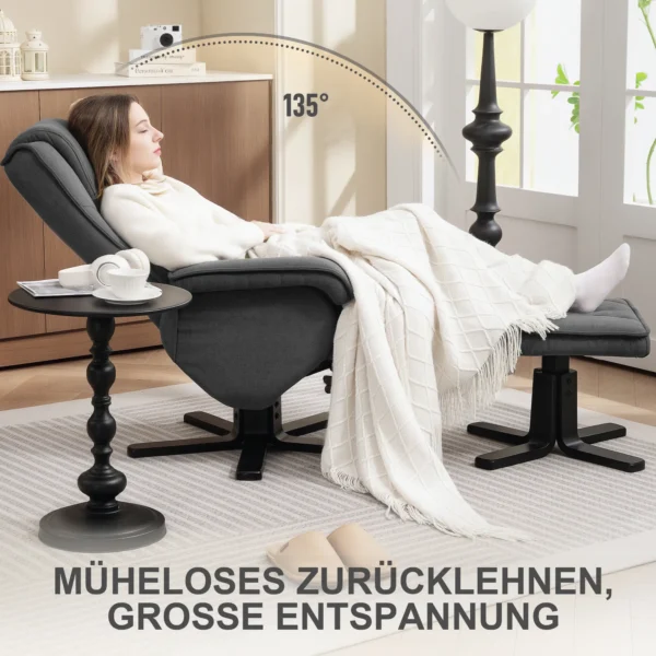 Relaxstoel met voetenbank, 360° draaibare televisiestoel met verstelbare rugleuning, ligfunctie, schommelfunctie, tv stoel met fluweelachtige uitstraling, hoofdsteun voor woonkamer, donkergrijs 5