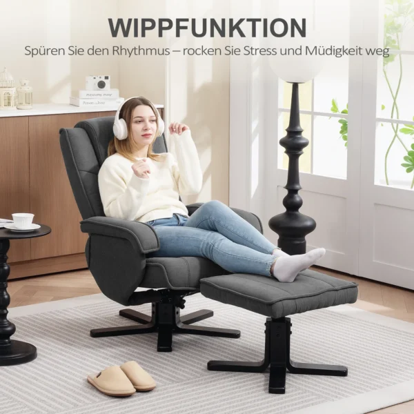 Relaxstoel met voetenbank, 360° draaibare televisiestoel met verstelbare rugleuning, ligfunctie, schommelfunctie, tv stoel met fluweelachtige uitstraling, hoofdsteun voor woonkamer, donkergrijs 6