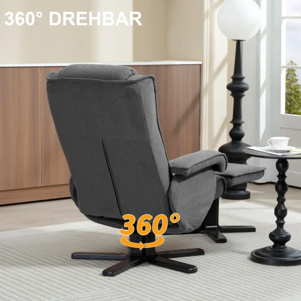 Relaxstoel met voetenbank, 360° draaibare televisiestoel met verstelbare rugleuning, ligfunctie, schommelfunctie, tv stoel met fluweelachtige uitstraling, hoofdsteun voor woonkamer, donkergrijs 7