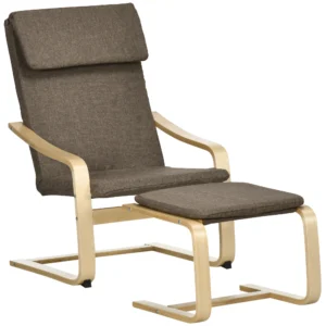Relaxstoel met voetenbank, oorfauteuil met kruk, eetkamerstoel, linnen bekleding, bruin, 67x72x100 cm, comfortabel voor woonkamer 1