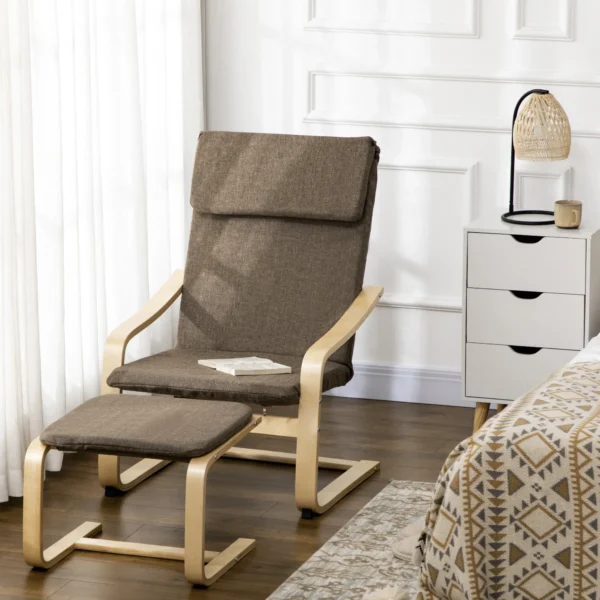 Relaxstoel met voetenbank, oorfauteuil met kruk, eetkamerstoel, linnen bekleding, bruin, 67x72x100 cm, comfortabel voor woonkamer 2