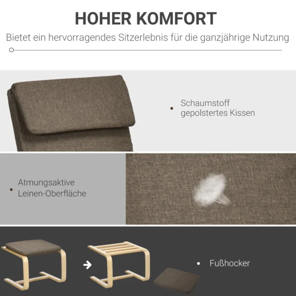 Relaxstoel met voetenbank, oorfauteuil met kruk, eetkamerstoel, linnen bekleding, bruin, 67x72x100 cm, comfortabel voor woonkamer 5